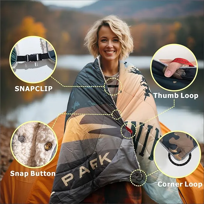 Puffy Sherpa Outdoor Camping Blanket for Traveling, Picnics, Beach, Concert, Car,Stadium, Sporting Events - Wearable Warm Waterproof - 55 X 78 (Great Smoky Mountains NP)
