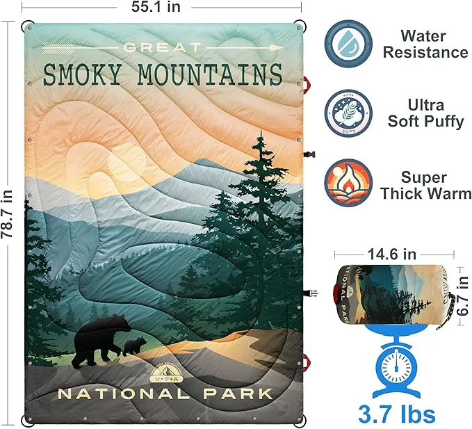 Puffy Sherpa Outdoor Camping Blanket for Traveling, Picnics, Beach, Concert, Car,Stadium, Sporting Events - Wearable Warm Waterproof - 55 X 78 (Great Smoky Mountains NP)
