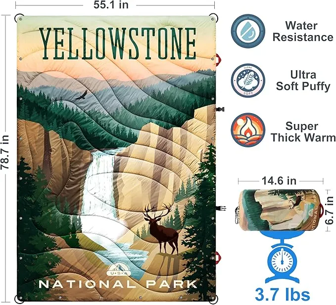 Puffy Sherpa Outdoor Camping Blanket for Traveling, Picnics, Beach, Concert, Sporting Events - Wearable, Soft, Warm Waterproof - 55 X 78 (Yellowstone NP)
