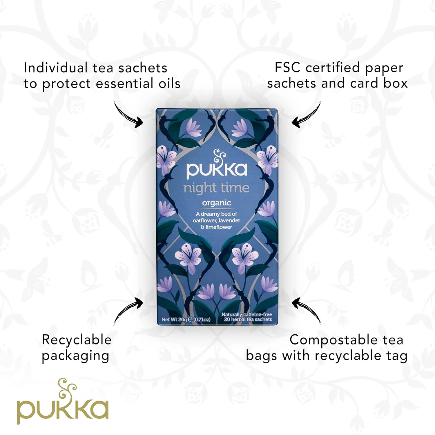 Pukka Organic Tea Bags, Night Time Herbal Tea with Chamomile, Lavendar & Valerian, Perfect for Easing into a Soothing Sleep, 20 Count (Pack of 6) 120 Tea Bags