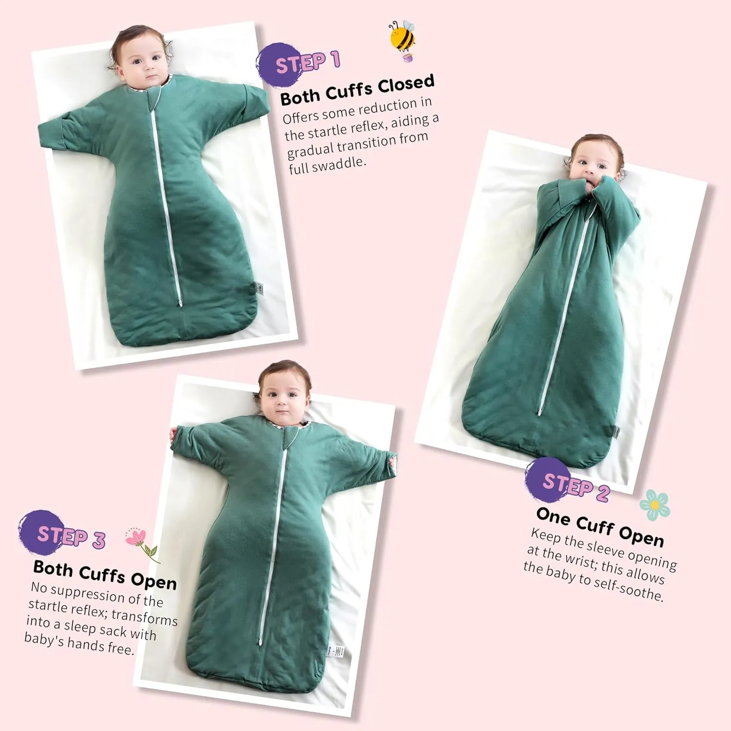 PuppyPaws Baby Sleep Sack 1.5 TOG, Transitional Swaddle 6-9 Months with Arms Up Length Sleeves and Mitten Cuffs, Reversible Wearable Blanket Baby, 95% Viscose from Bamboo, 5% Spandex