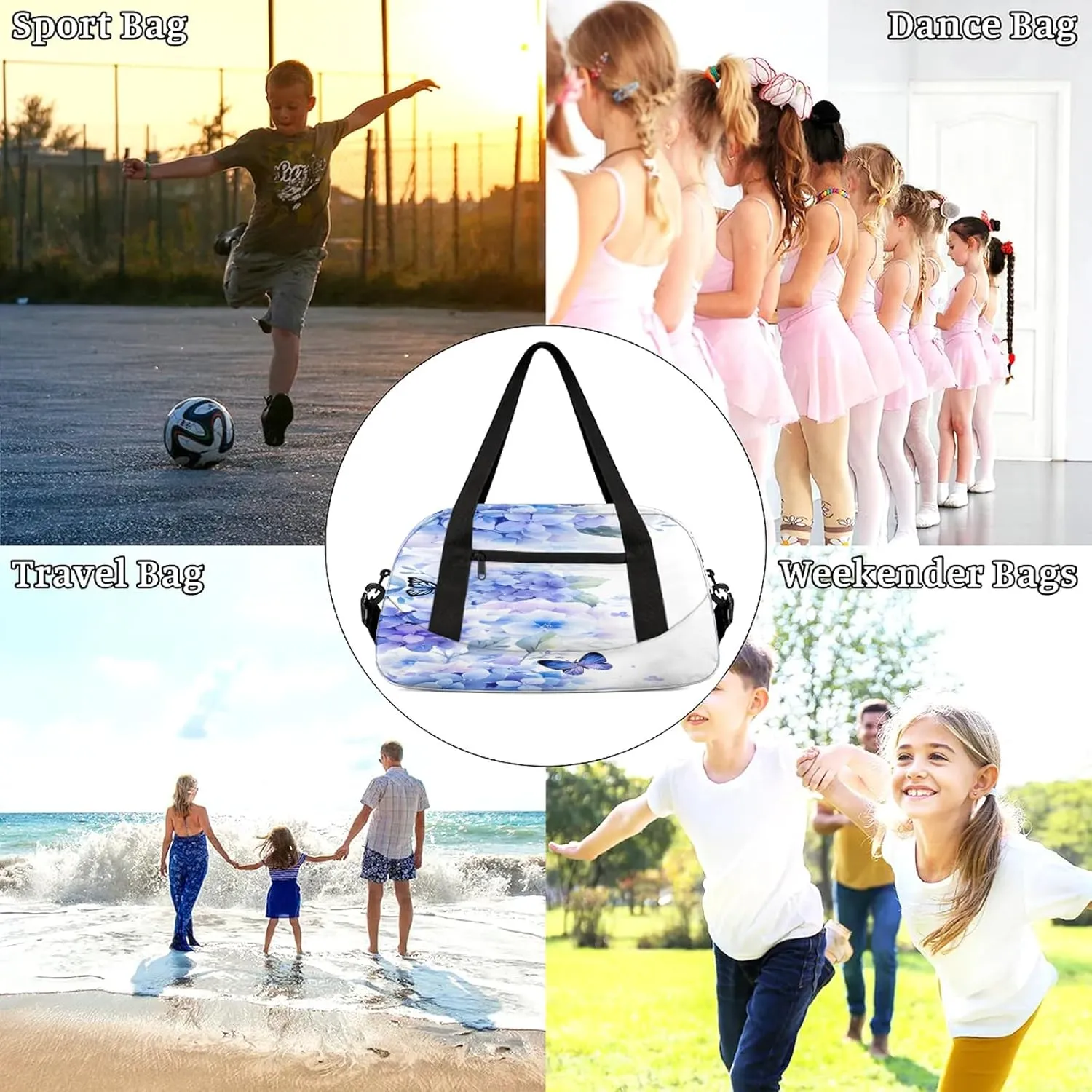 Purple Hydrangea Floral Kids Duffel Bag Lightweight Waterproof Sports Gym Bag with Front Zipper Pocket Foldable Weekender Overnight Bag for School Practice Gymnastic Ballet
