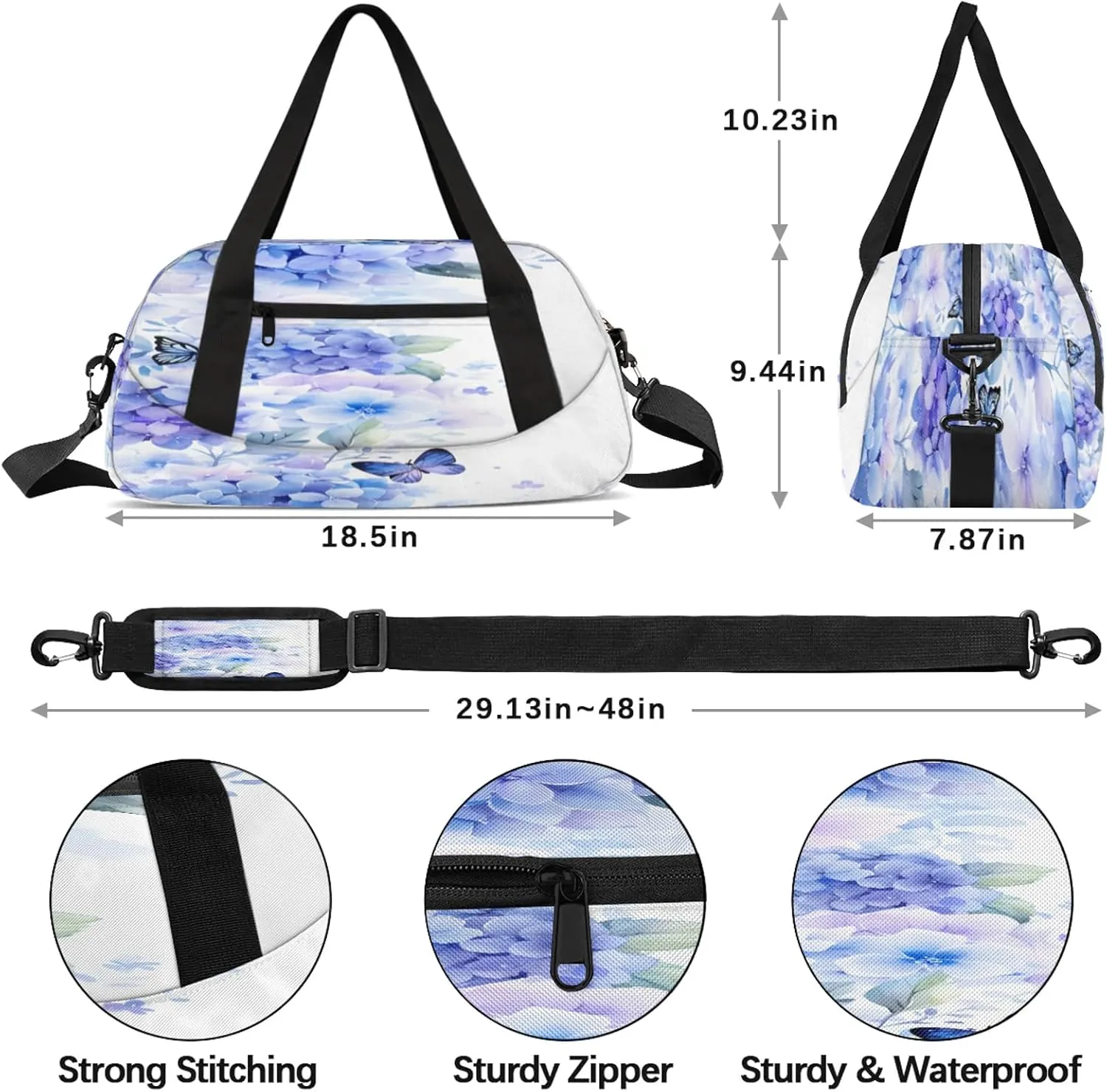 Purple Hydrangea Floral Kids Duffel Bag Lightweight Waterproof Sports Gym Bag with Front Zipper Pocket Foldable Weekender Overnight Bag for School Practice Gymnastic Ballet