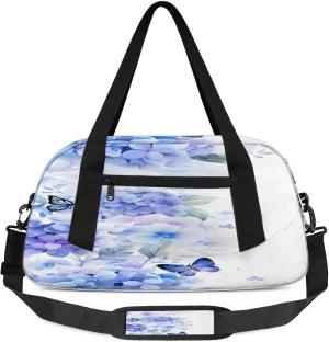 Purple Hydrangea Floral Kids Duffel Bag Lightweight Waterproof Sports Gym Bag with Front Zipper Pocket Foldable Weekender Overnight Bag for School Practice Gymnastic Ballet