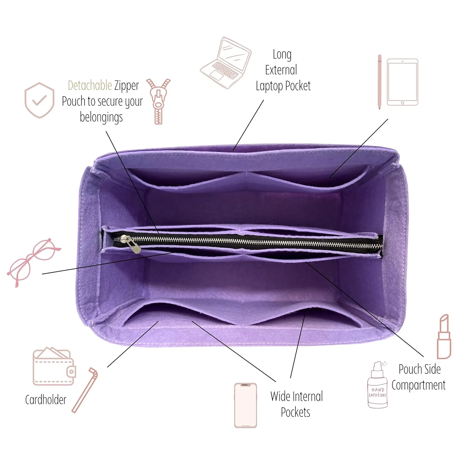 Purse Organizer compatible with Tel*** Bag, Large Organizer Medium Cup Holder, Handmade 2mm Premium Felt Insert with Silver Zipper, Snug Sturdy (For Telfa* Medium Shopping Bag, Beige)