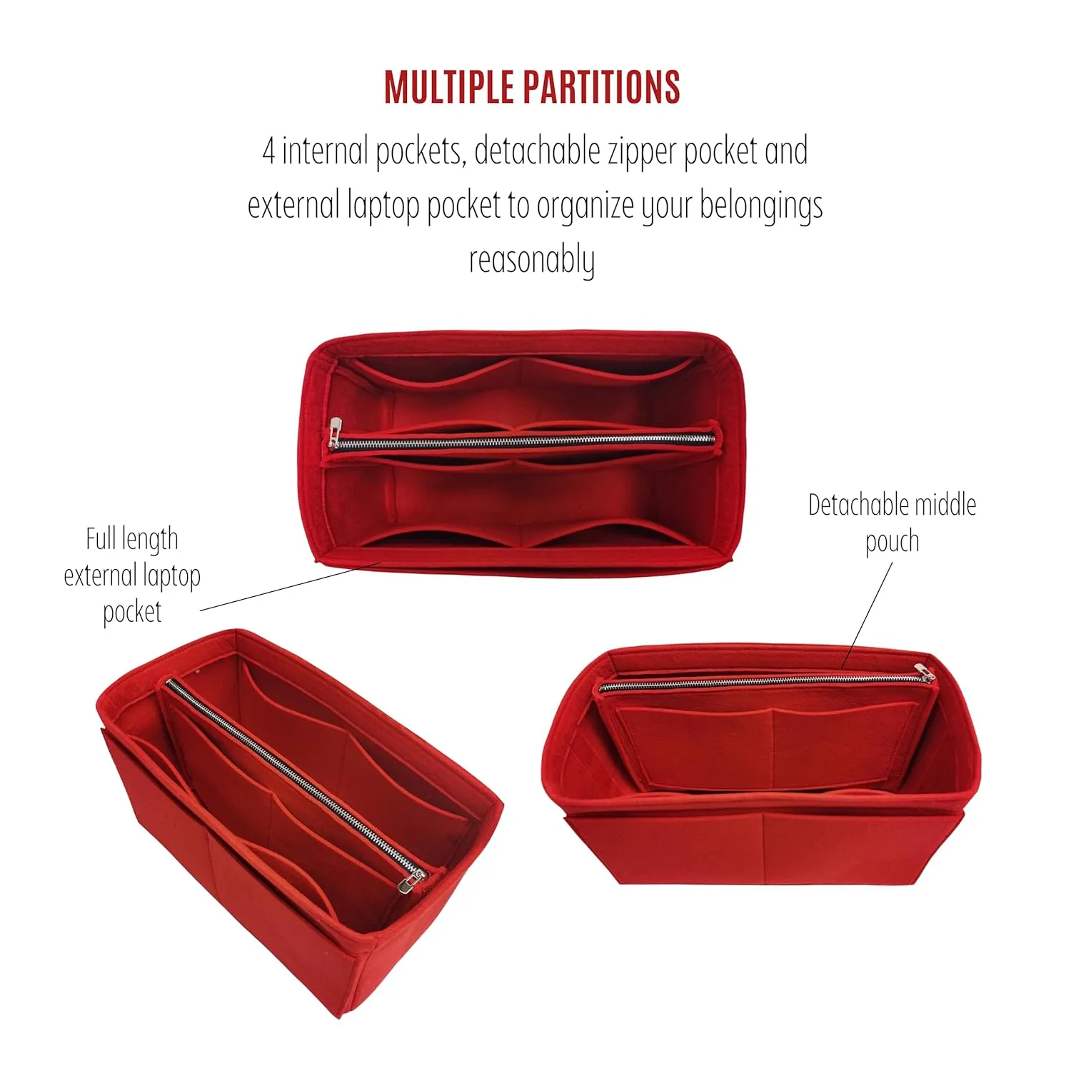 Purse Organizer for Cabarock Bag Organizer, Cabarock Tote Insert, Handmade 2mm Premium Felt Snug Sturdy Silver Zipper (For Small Cabarock, Red)