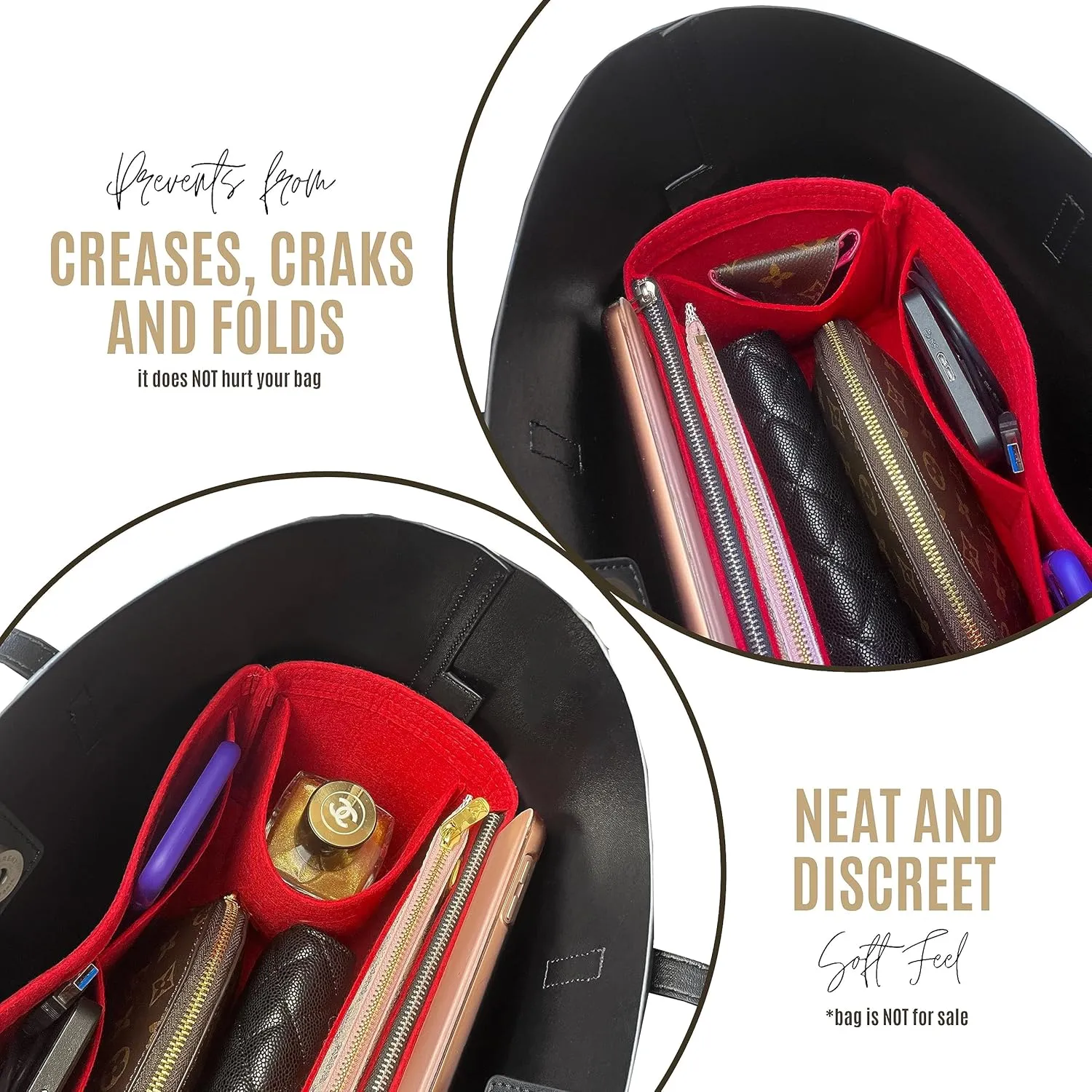 Purse Organizer for Laurent East West Shopping Tote Insert, Laurent East West Tote Organizer, Handmade 3mm Premium Felt Snug Sturdy Gold Zipper (For E/W Shopping Tote, Red)