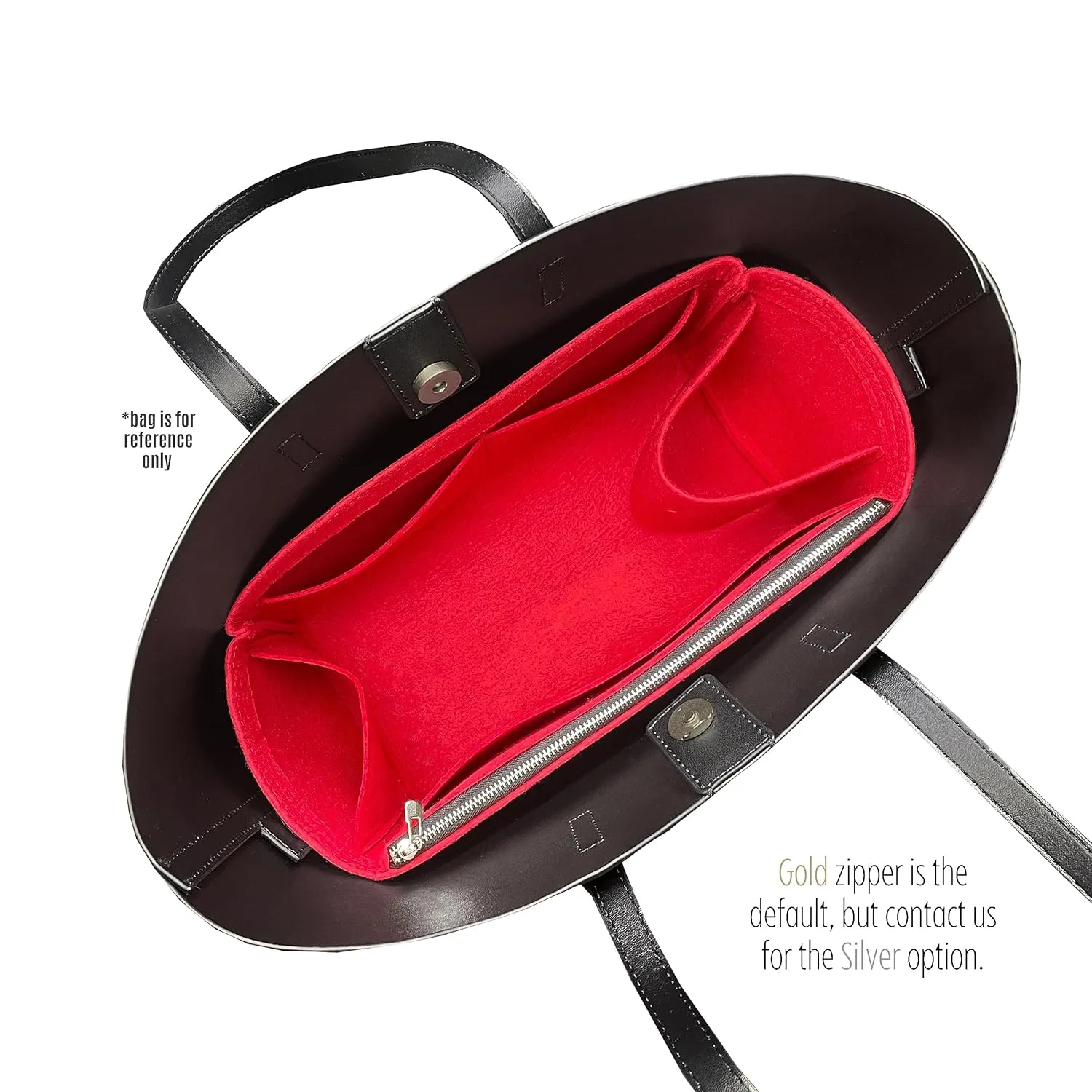 Purse Organizer for Laurent East West Shopping Tote Insert, Laurent East West Tote Organizer, Handmade 3mm Premium Felt Snug Sturdy Gold Zipper (For E/W Shopping Tote, Red)