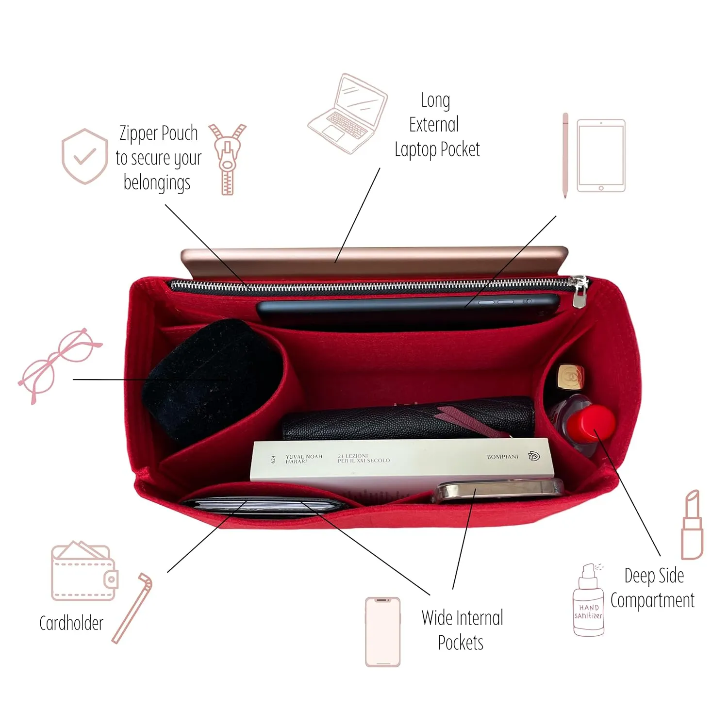 Purse Organizer for Lv Carryall Bag Organizer, Lv Bag Insert Organizer Carryall PM, Carryall MM Organizer, Handmade 2mm Premium Felt Snug Sturdy Gold Zipper (For Carryall MM, Red)