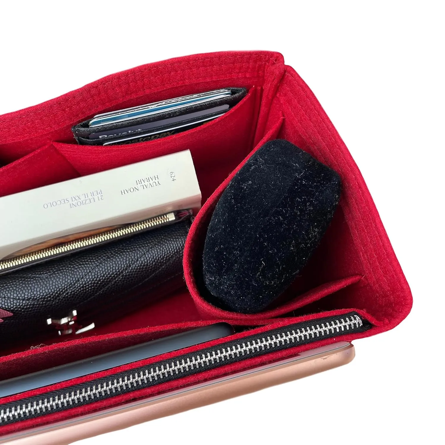 Purse Organizer for Odeon Tote Bag, Lv Odeon Tote MM Insert, Bag Organizer for Odeon Tote PM, Handmade 2mm Premium Felt Snug Sturdy Gold Zipper (For Odeon Tote PM, Black)