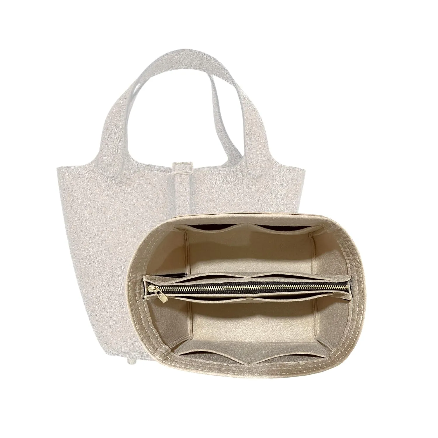 Purse Organizer for Picotin 22 Bag Organizer Insert, Picotin 18 Bag Insert, MM Picotin PM Bag Organizer, 2mm Thick Premium Felt Snug Sturdy Gold Zipper (For Picotin 18 (PM), Beige)