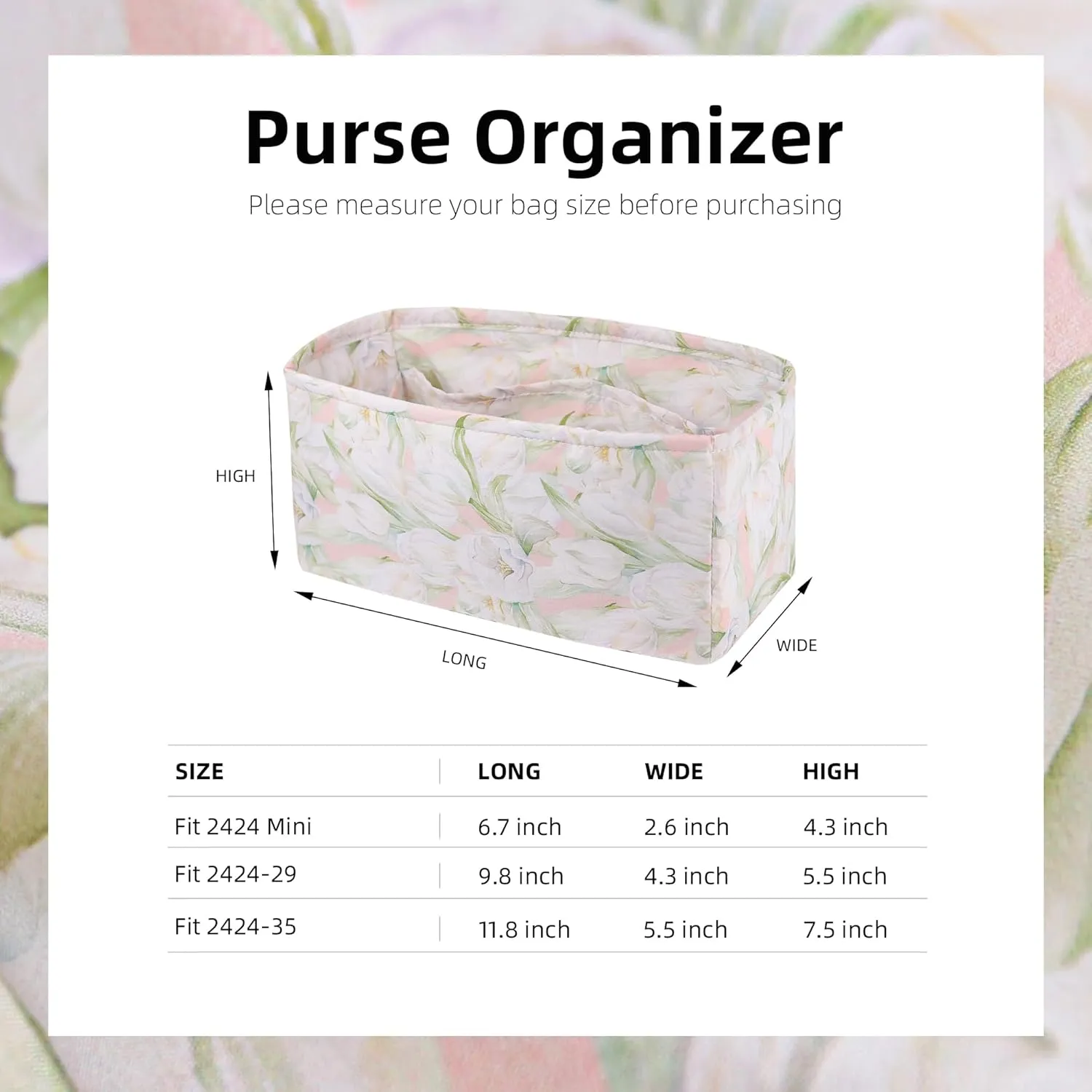 Purse Organizer Insert fits Kelly24/24 mini/29/35 bags, Lightweight Bag organizer for Women Luxury Handbag Tote, Soft Inner Bag (24/24-mini, French Tulips)