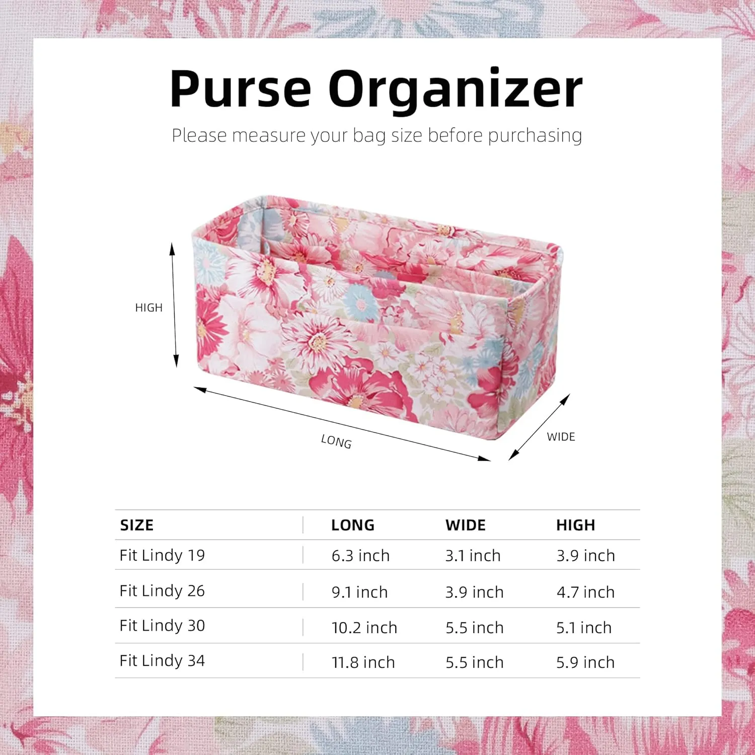 Purse Organizer Insert for Lindy 19/26/30/34 bags, Lightweight Bag Shaper for Women Luxury Handbag Tote, Soft Inner Bag Organizer(LD19, Blooming)