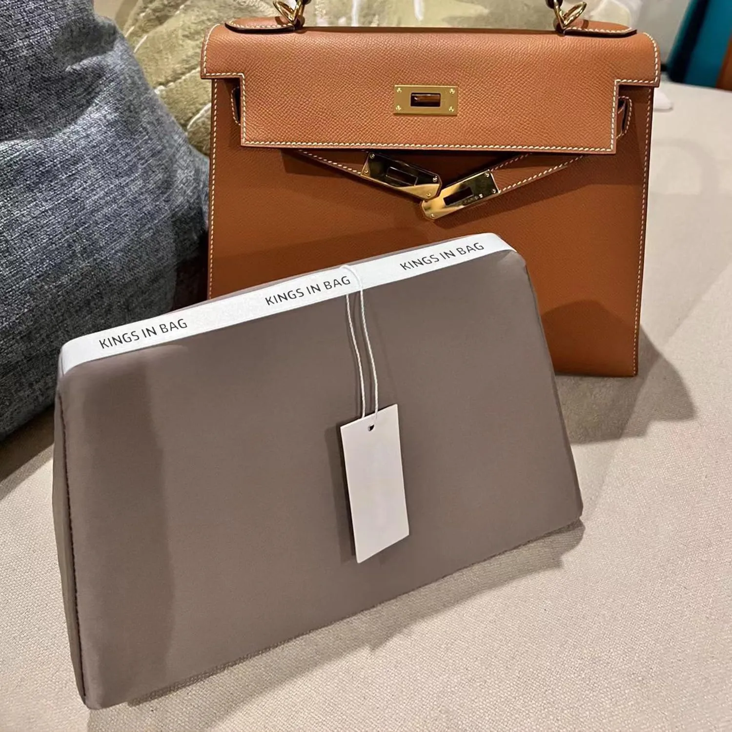 Purse Pillow Insert Compatible with Kelly Bags, Handbag Filler with Soft Satins for Luxury Bags, Soft Purse Inner Pillow with Memory Foam for Handbag Storage (Etoupe Grey, KE 28 Sellier)