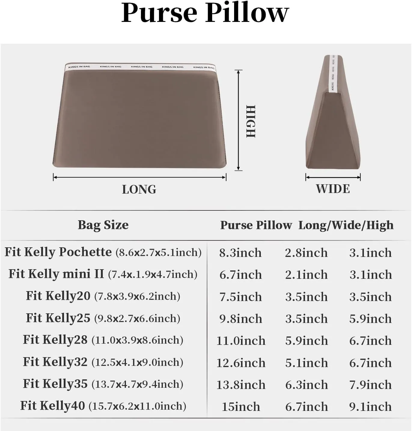 Purse Pillow Insert Compatible with Kelly Bags, Handbag Filler with Soft Satins for Luxury Bags, Soft Purse Inner Pillow with Memory Foam for Handbag Storage (Etoupe Grey, KE 28 Sellier)