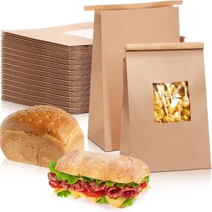Qilery 200 Pcs Bakery Bags with Window Paper Cookies Bags Kraft with Tin Tie Lock 5.9 x 2.8 x 9.2 Inches Greaseproof for Cookies Coffee Beans Snacks Bread and Candy