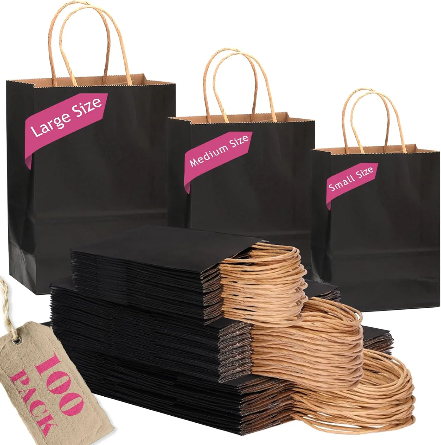 qiqee 100-Packs Black Paper Gift Bags with Handles Bulk Assorted Sizes(33pcs Large 13", 33pcs Medium 11", 34pcs Small 8")
