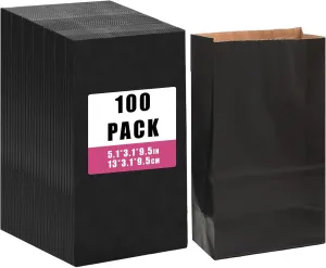 qiqee 100Pcs Treat Paper Bags 5.1x3.1x9.4 Inches Black Small Party Gift Bag Mini Snack Bag without Handle
