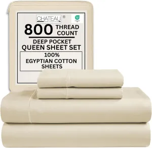 Queen Sheet Set - 800TC Egyptian Cotton Bedding Sheets & Pillowcases - Soft, Durable and Luxurious 4PC Sateen Weave Ivory Bed Sheets for Queen Size Bed, No Pill & Shrink Thick Machine Washable
