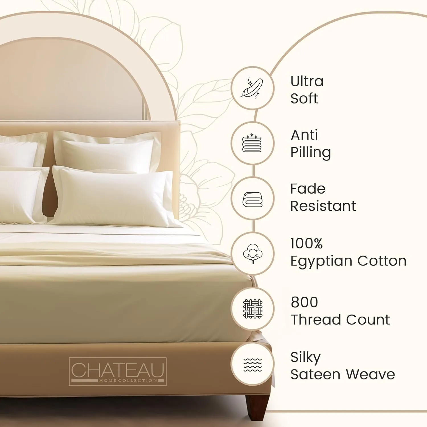 Queen Sheet Set - 800TC Egyptian Cotton Bedding Sheets & Pillowcases - Soft, Durable and Luxurious 4PC Sateen Weave Ivory Bed Sheets for Queen Size Bed, No Pill & Shrink Thick Machine Washable
