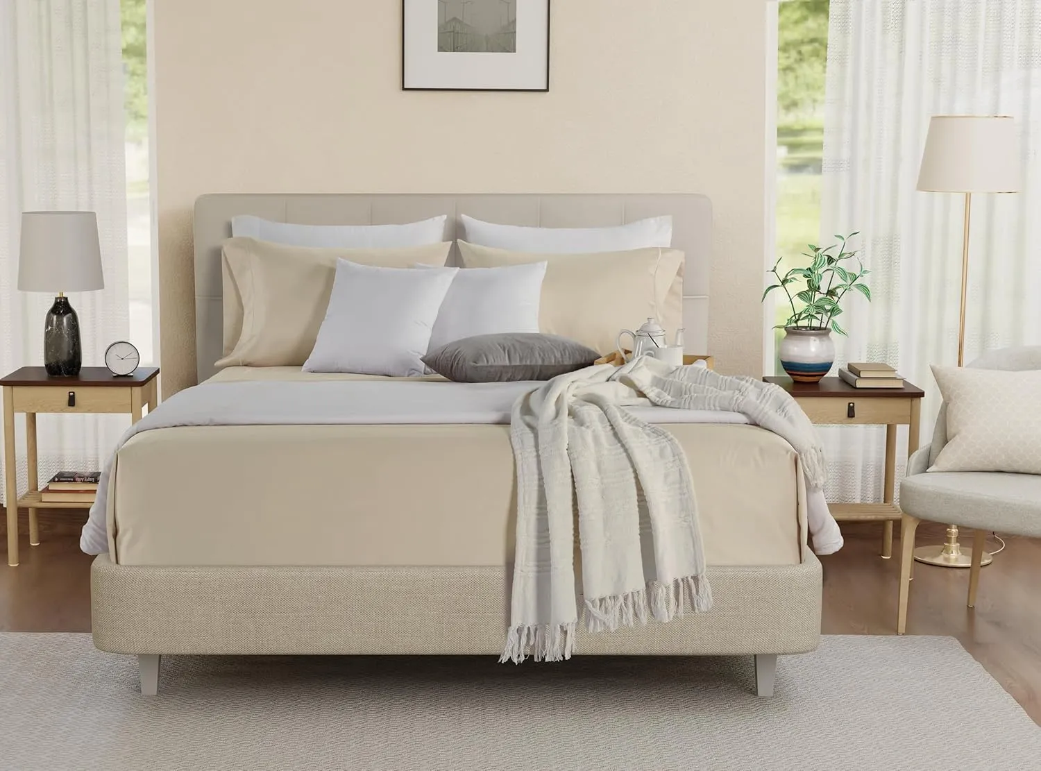 Queen Sheet Set - 800TC Egyptian Cotton Bedding Sheets & Pillowcases - Soft, Durable and Luxurious 4PC Sateen Weave Ivory Bed Sheets for Queen Size Bed, No Pill & Shrink Thick Machine Washable