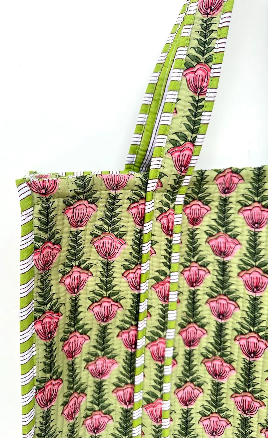 Quilted Cotton Handprinted Reversible Large multicolor Floral Tote Bag,Hand Block Print Shopping Shoulder Carry Bag