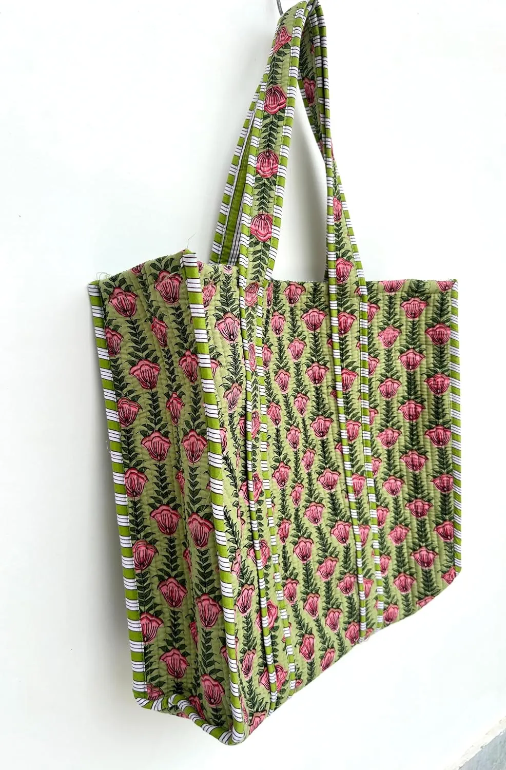 Quilted Cotton Handprinted Reversible Large multicolor Floral Tote Bag,Hand Block Print Shopping Shoulder Carry Bag
