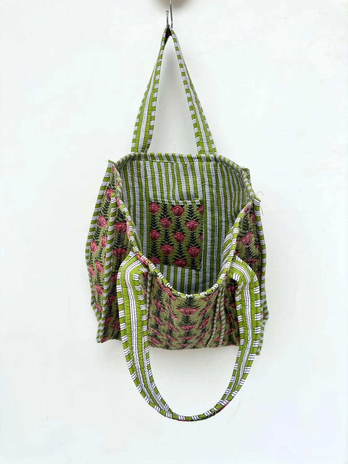 Quilted Cotton Handprinted Reversible Large multicolor Floral Tote Bag,Hand Block Print Shopping Shoulder Carry Bag