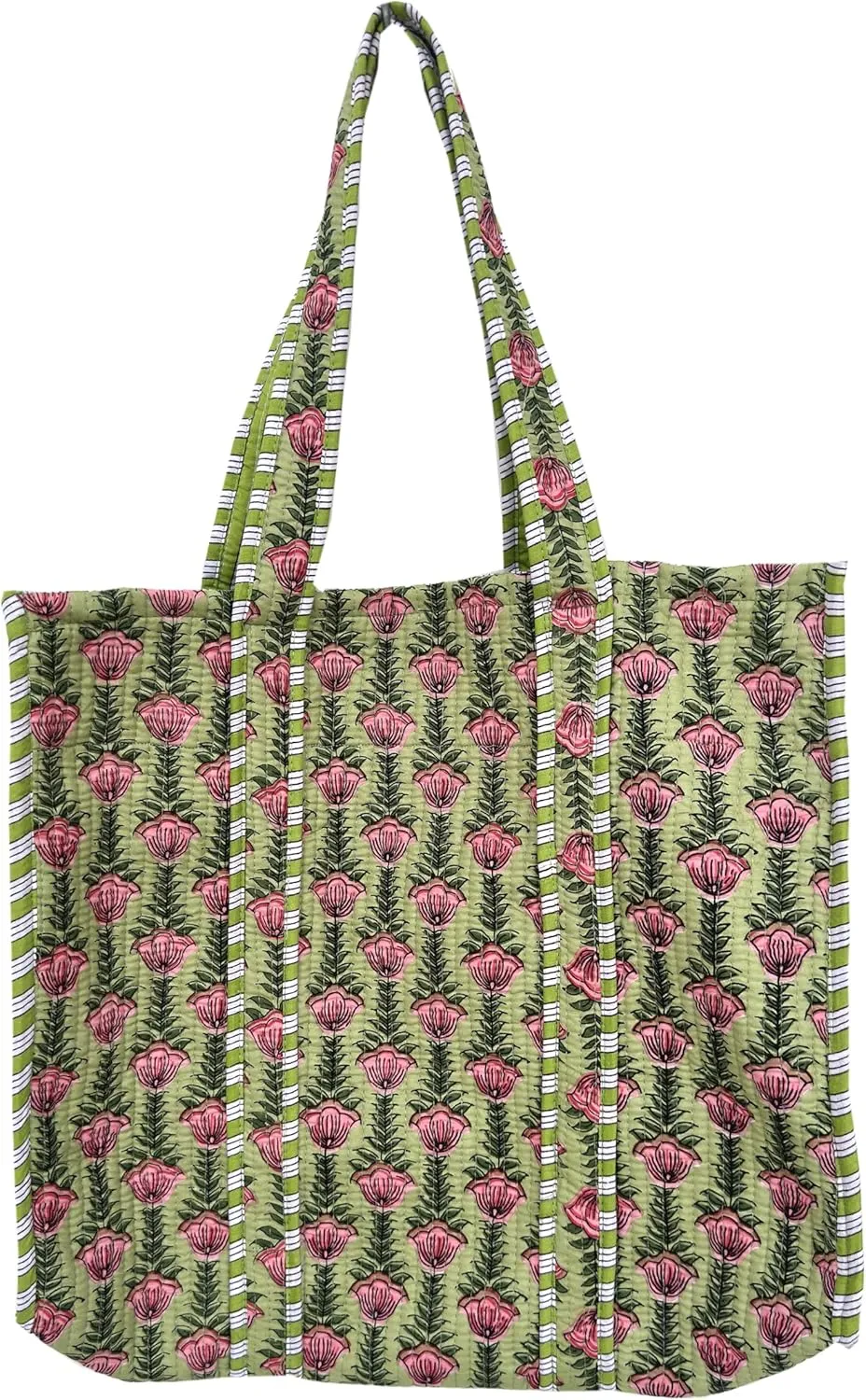 Quilted Cotton Handprinted Reversible Large multicolor Floral Tote Bag,Hand Block Print Shopping Shoulder Carry Bag