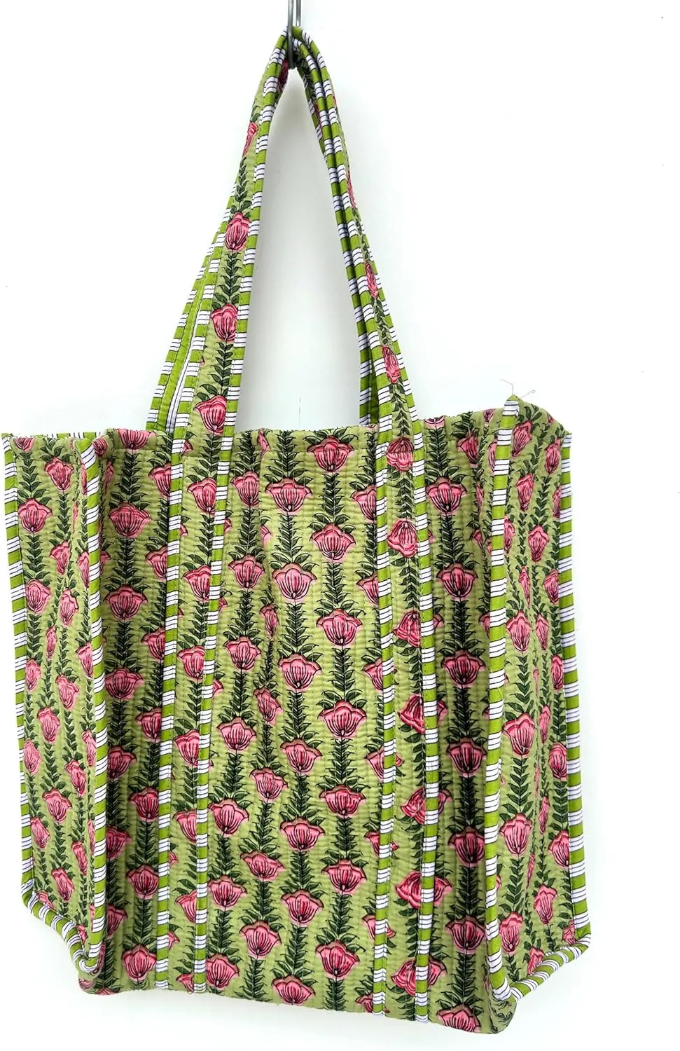 Quilted Cotton Handprinted Reversible Large multicolor Floral Tote Bag,Hand Block Print Shopping Shoulder Carry Bag