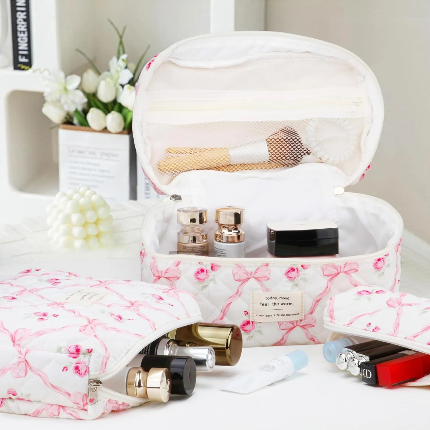 Quilted Makeup Bag Set - 3 PCS Cute Floral Cotton Makeup Bag, Large Coquette Aesthetic Make up Cosmetic Bag, Flower Travel Toiletry Organizer Bags for Women Girls