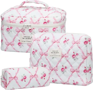 Quilted Makeup Bag Set - 3 PCS Cute Floral Cotton Makeup Bag, Large Coquette Aesthetic Make up Cosmetic Bag, Flower Travel Toiletry Organizer Bags for Women Girls