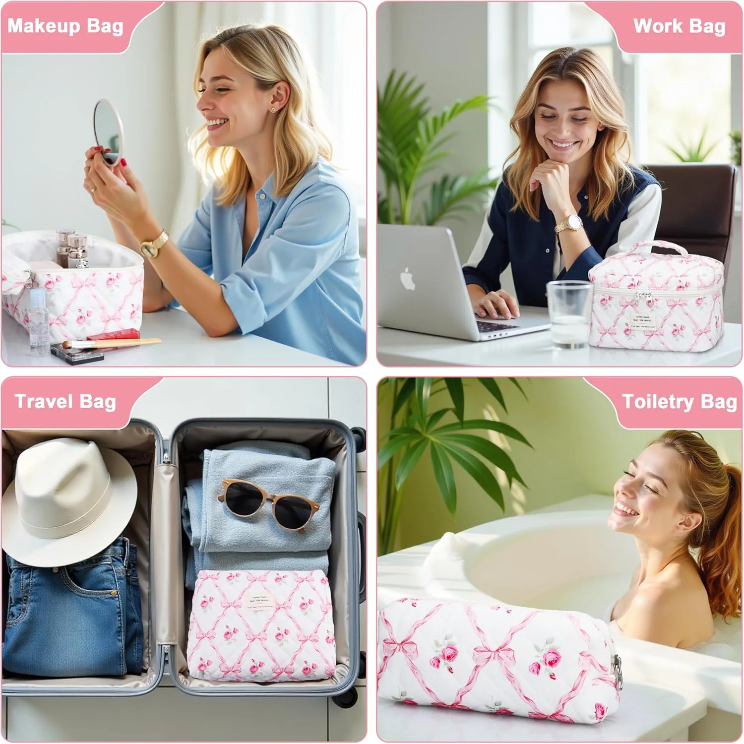 Quilted Makeup Bag Set - 3 PCS Cute Floral Cotton Makeup Bag, Large Coquette Aesthetic Make up Cosmetic Bag, Flower Travel Toiletry Organizer Bags for Women Girls