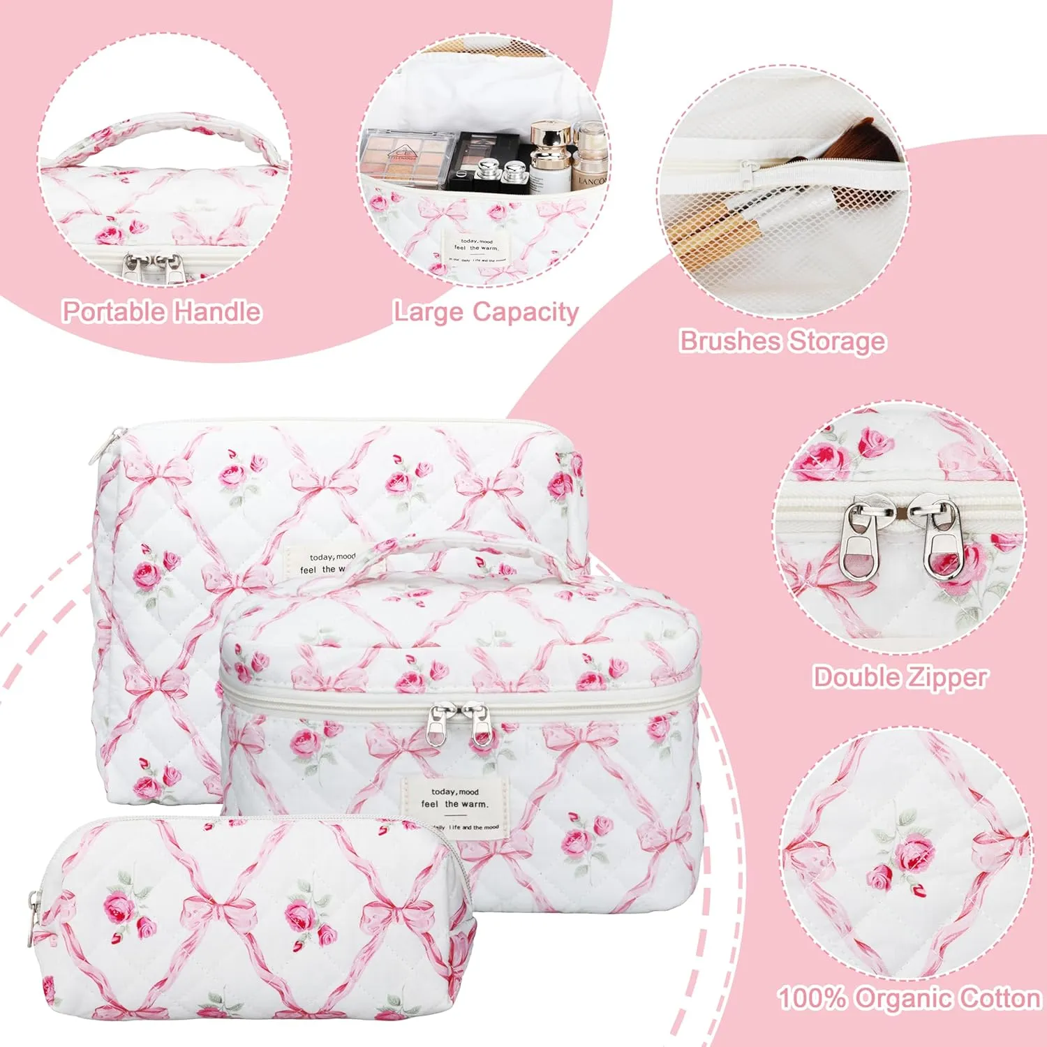 Quilted Makeup Bag Set - 3 PCS Cute Floral Cotton Makeup Bag, Large Coquette Aesthetic Make up Cosmetic Bag, Flower Travel Toiletry Organizer Bags for Women Girls