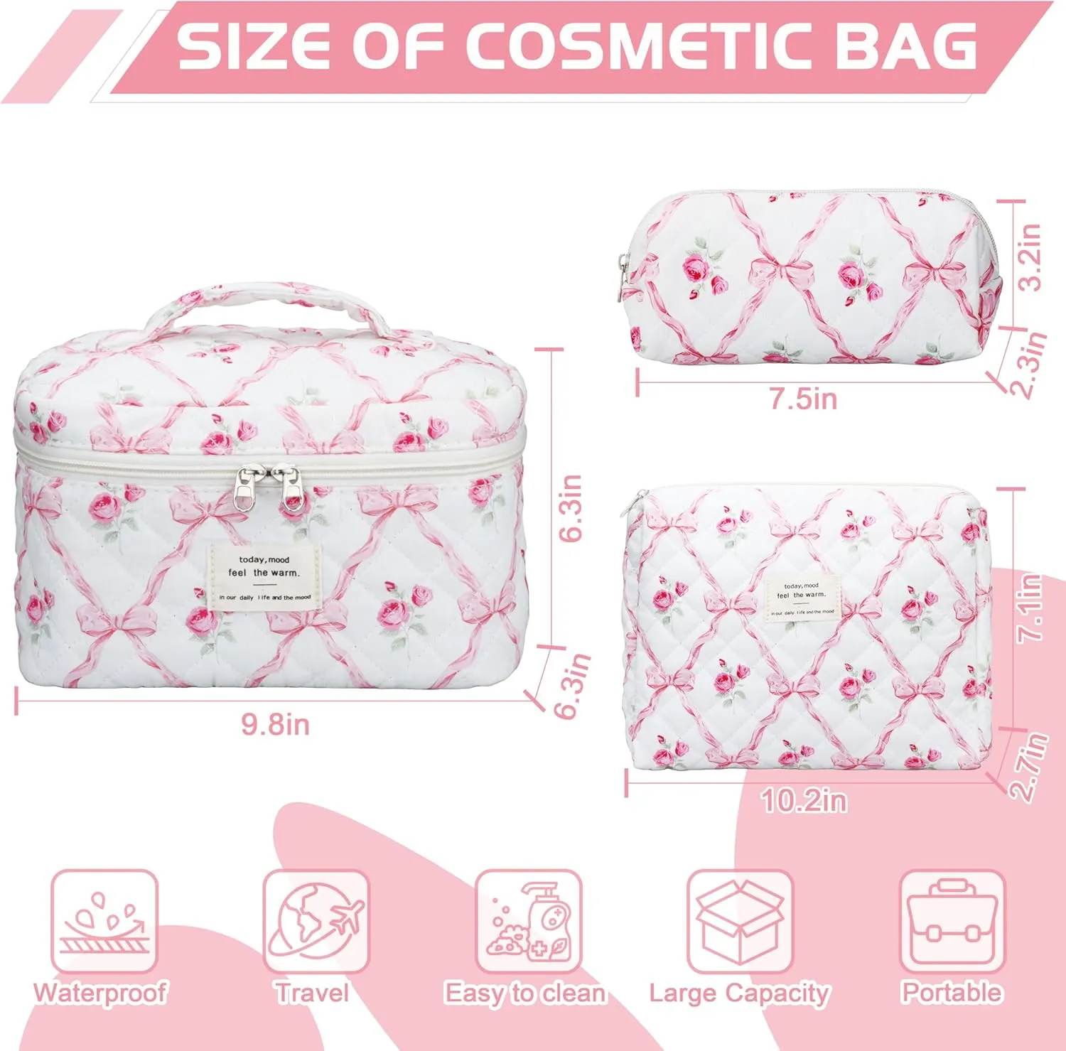 Quilted Makeup Bag Set - 3 PCS Cute Floral Cotton Makeup Bag, Large Coquette Aesthetic Make up Cosmetic Bag, Flower Travel Toiletry Organizer Bags for Women Girls