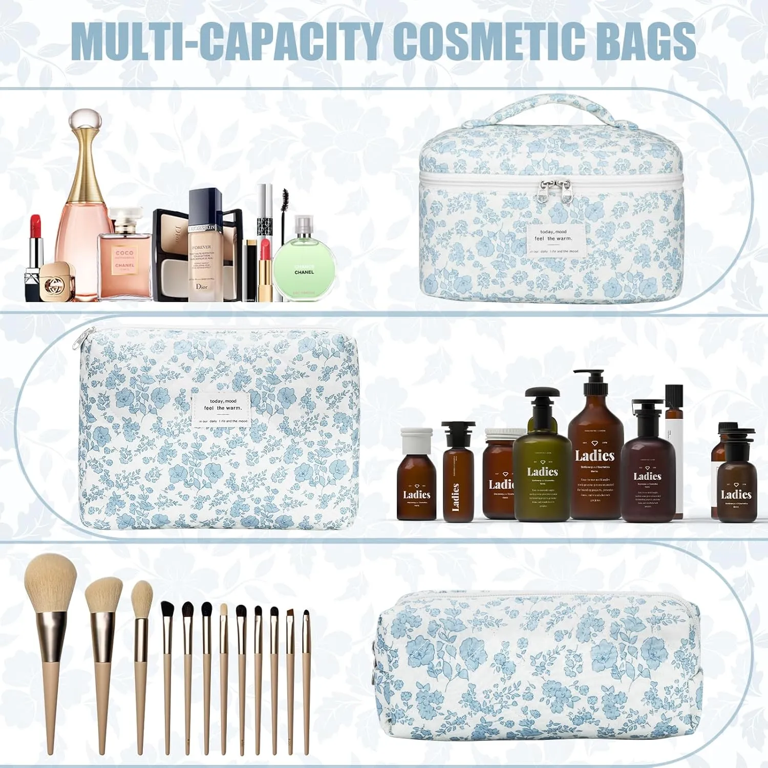 Quilted Makeup Bag Set, 3Pcs Cotton Floral Cosmetic Bags, Cute Aesthetic Coquette Makeup Bag Travel Cosmetic Organizer with Toiletry Pouch & Brush Holder for Women, Blue Flower