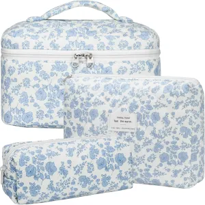 Quilted Makeup Bag Set, 3Pcs Cotton Floral Cosmetic Bags, Cute Aesthetic Coquette Makeup Bag Travel Cosmetic Organizer with Toiletry Pouch & Brush Holder for Women, Blue Flower