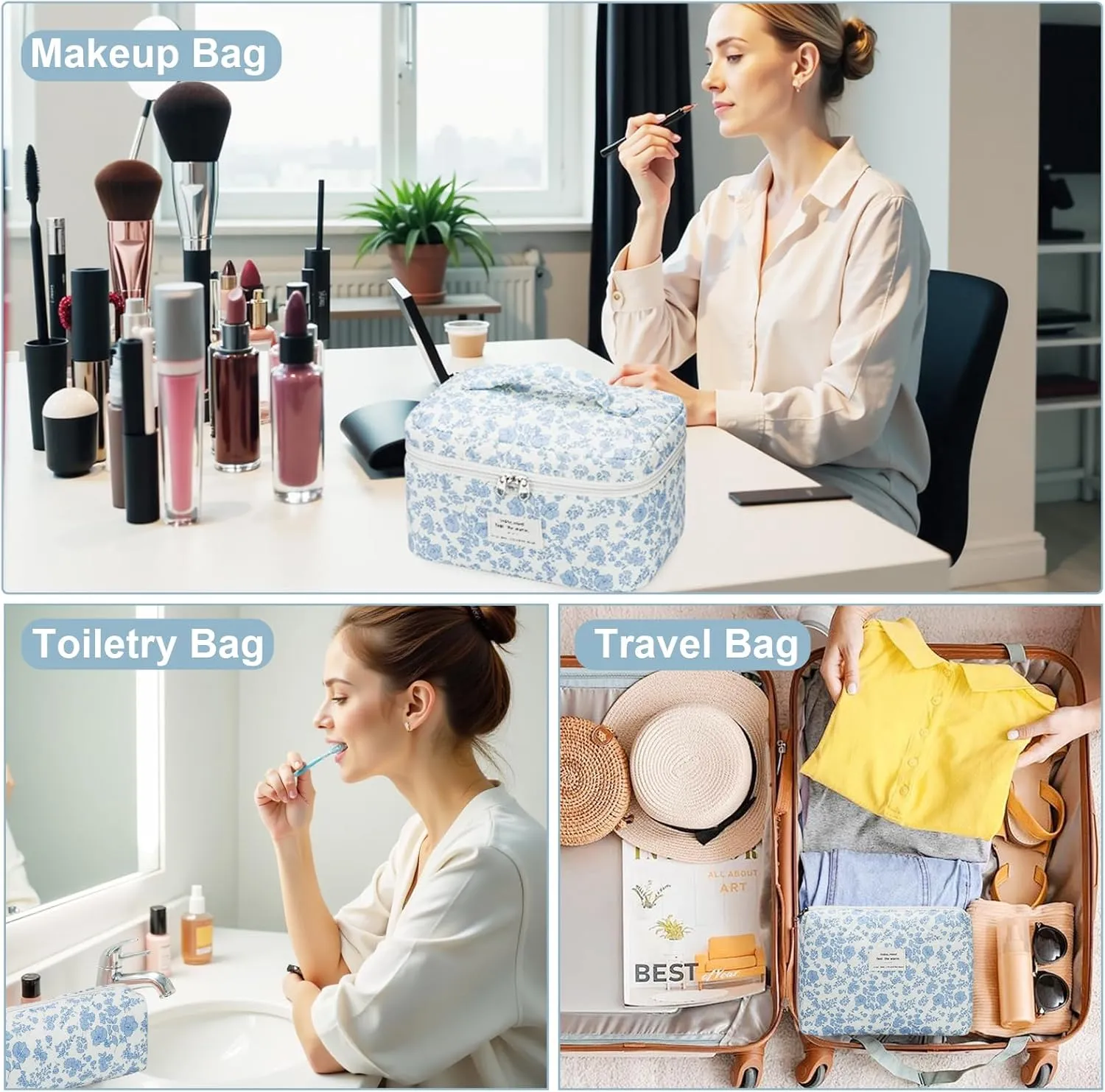 Quilted Makeup Bag Set, 3Pcs Cotton Floral Cosmetic Bags, Cute Aesthetic Coquette Makeup Bag Travel Cosmetic Organizer with Toiletry Pouch & Brush Holder for Women, Blue Flower
