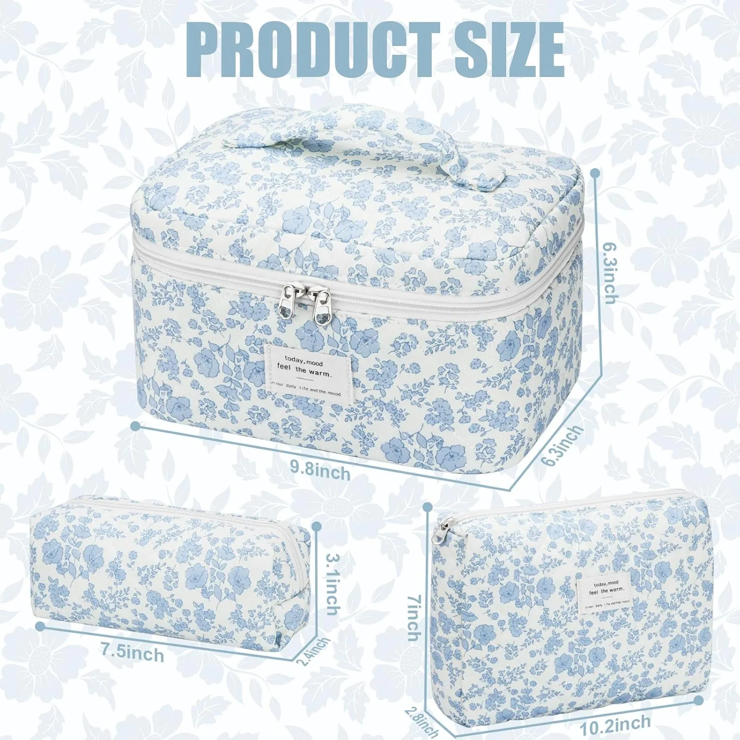Quilted Makeup Bag Set, 3Pcs Cotton Floral Cosmetic Bags, Cute Aesthetic Coquette Makeup Bag Travel Cosmetic Organizer with Toiletry Pouch & Brush Holder for Women, Blue Flower