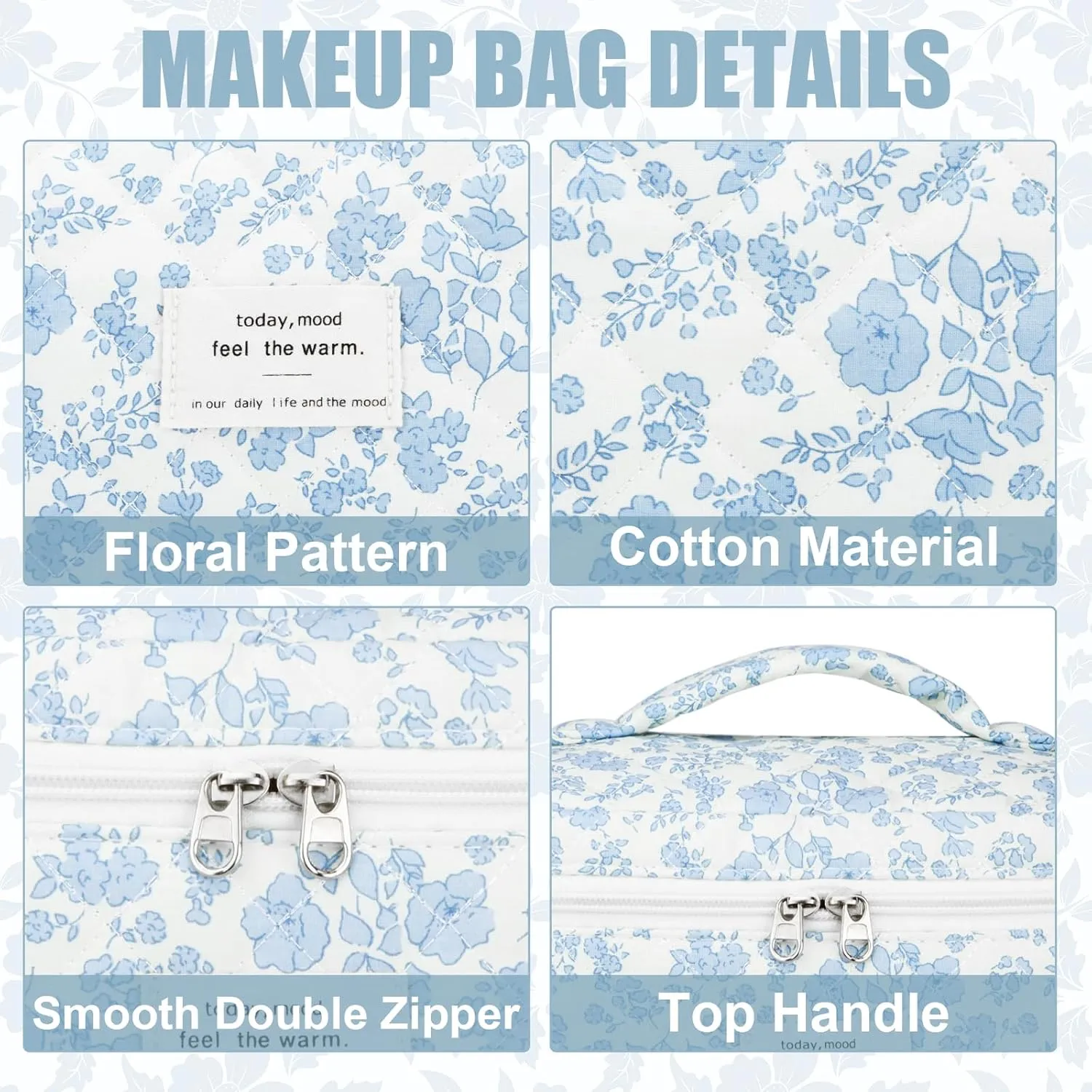 Quilted Makeup Bag Set, 3Pcs Cotton Floral Cosmetic Bags, Cute Aesthetic Coquette Makeup Bag Travel Cosmetic Organizer with Toiletry Pouch & Brush Holder for Women, Blue Flower
