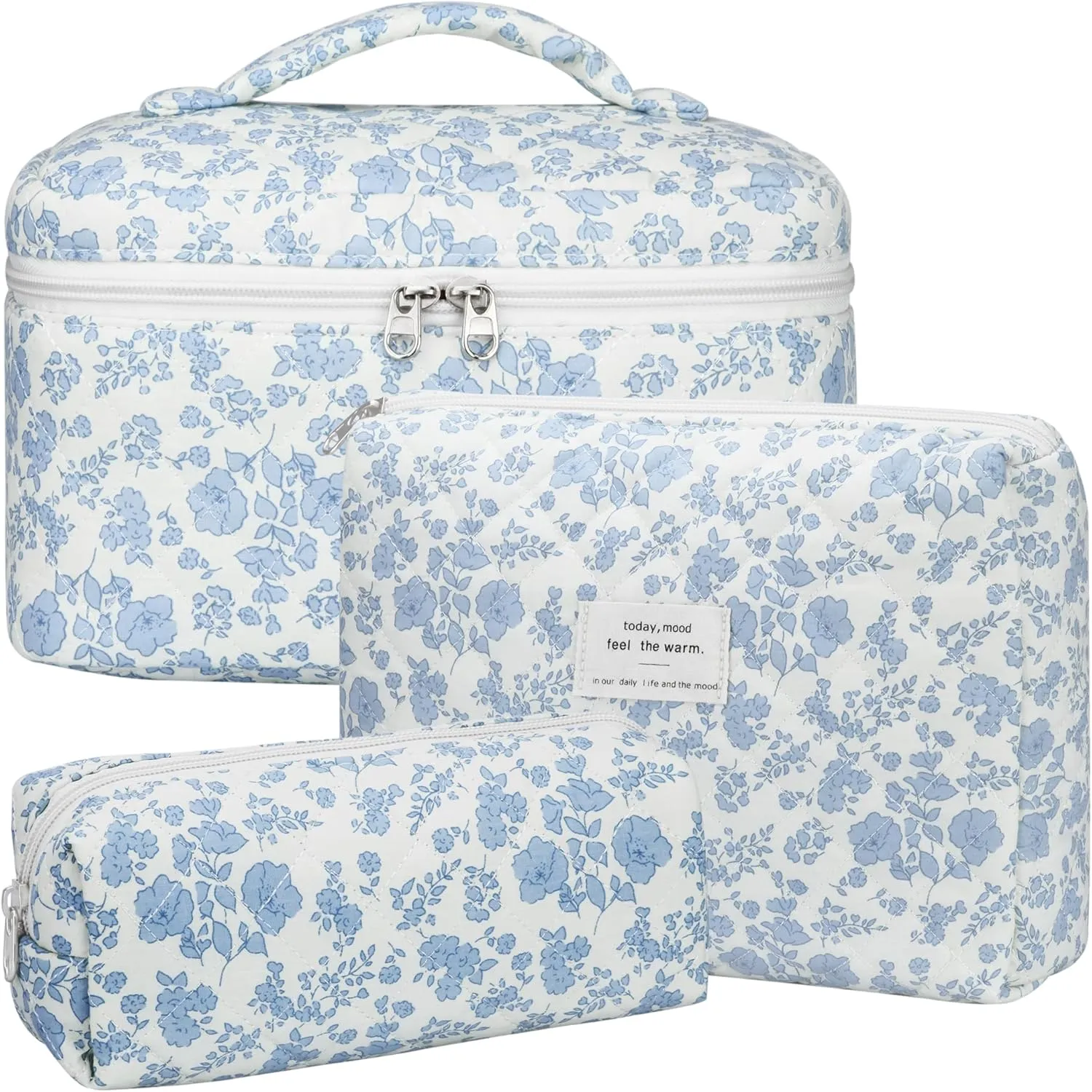 Quilted Makeup Bag Set, 3Pcs Cotton Floral Cosmetic Bags, Cute Aesthetic Coquette Makeup Bag Travel Cosmetic Organizer with Toiletry Pouch & Brush Holder for Women, Blue Flower
