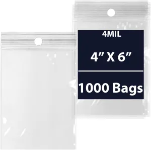 Reclosable Hang Hole Zip Poly Bags, 4Mil 4" X 6" & 1000 Bags | LDPE Material, Clear Plastic with Resealable Lock Seal Zipper | Resealable Zip Top Lock For Travel, Storage, Packaging & Shipping