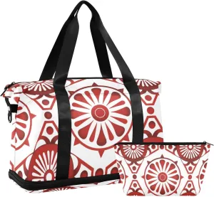 Red and White Geometric Circular Personal Item Travel Bag Weekender Overnight Bag with Adjustable Strap for Trekking Large Capacity