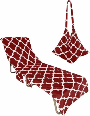 Red Geometric Chaise Lounger Cover with Pockets, Pool Lounge Chair Covers 85"x29", Morocco White Plaid Middle Century Microfiber Beach Chair Cover for Outdoor Patio Sunbathing