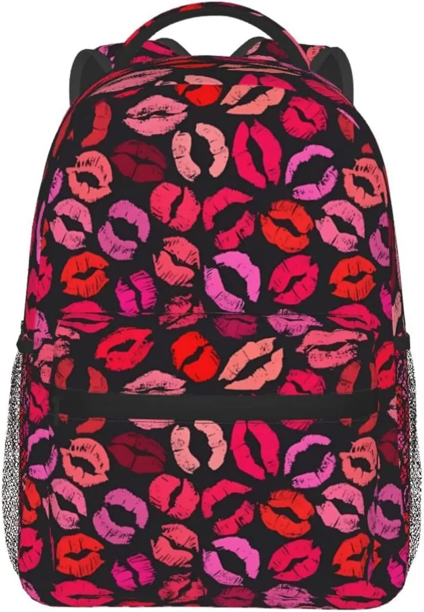 Red Nice Lip Imprint Backpack Casual Laptop Backpack Lightweight Double Shoulder Bag Travel Daypack For Women Men