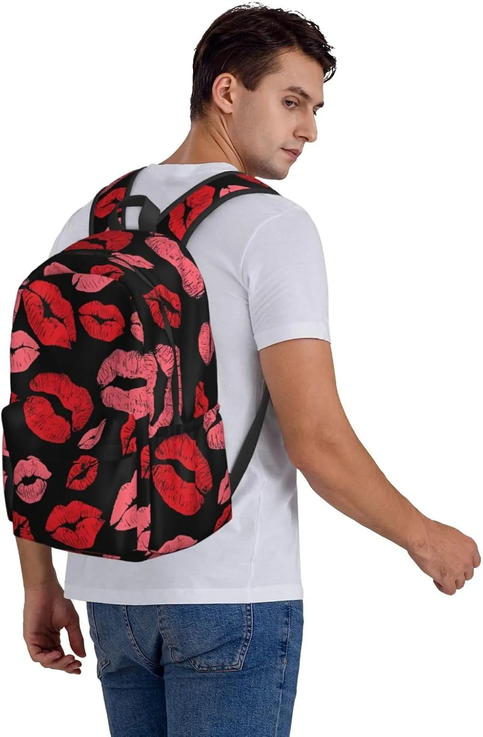 Red Valentines Lips Backpack Casual Laptop Backpack Large Capacity Double Shoulder Bag Travel Daypack For Women Men