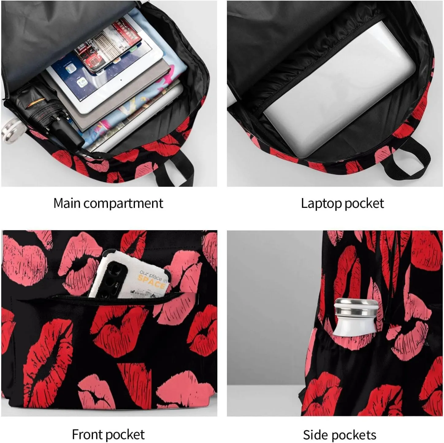 Red Valentines Lips Backpack Casual Laptop Backpack Large Capacity Double Shoulder Bag Travel Daypack For Women Men