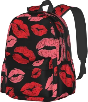 Red Valentines Lips Backpack Casual Laptop Backpack Large Capacity Double Shoulder Bag Travel Daypack For Women Men