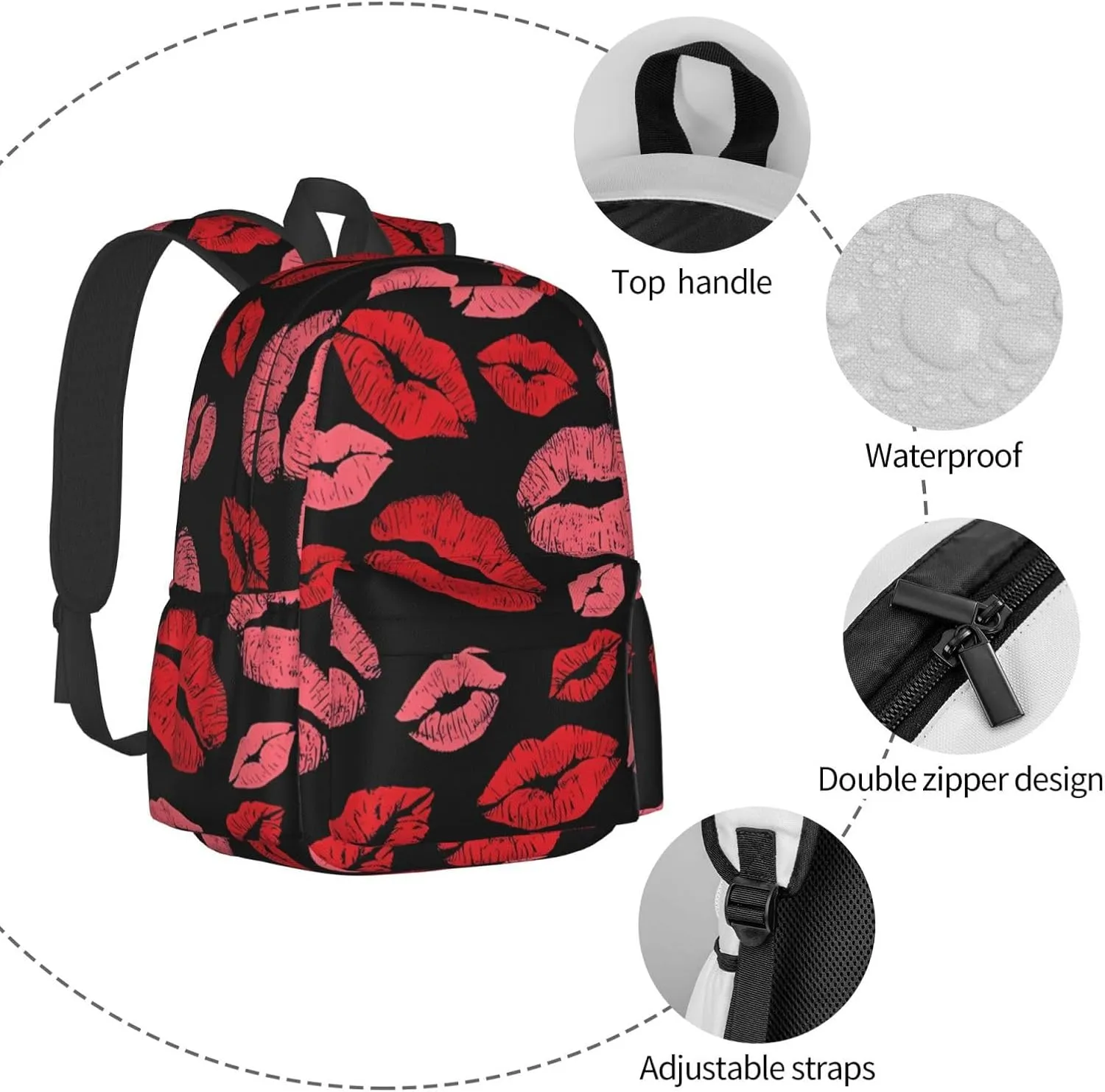 Red Valentines Lips Backpack Casual Laptop Backpack Large Capacity Double Shoulder Bag Travel Daypack For Women Men