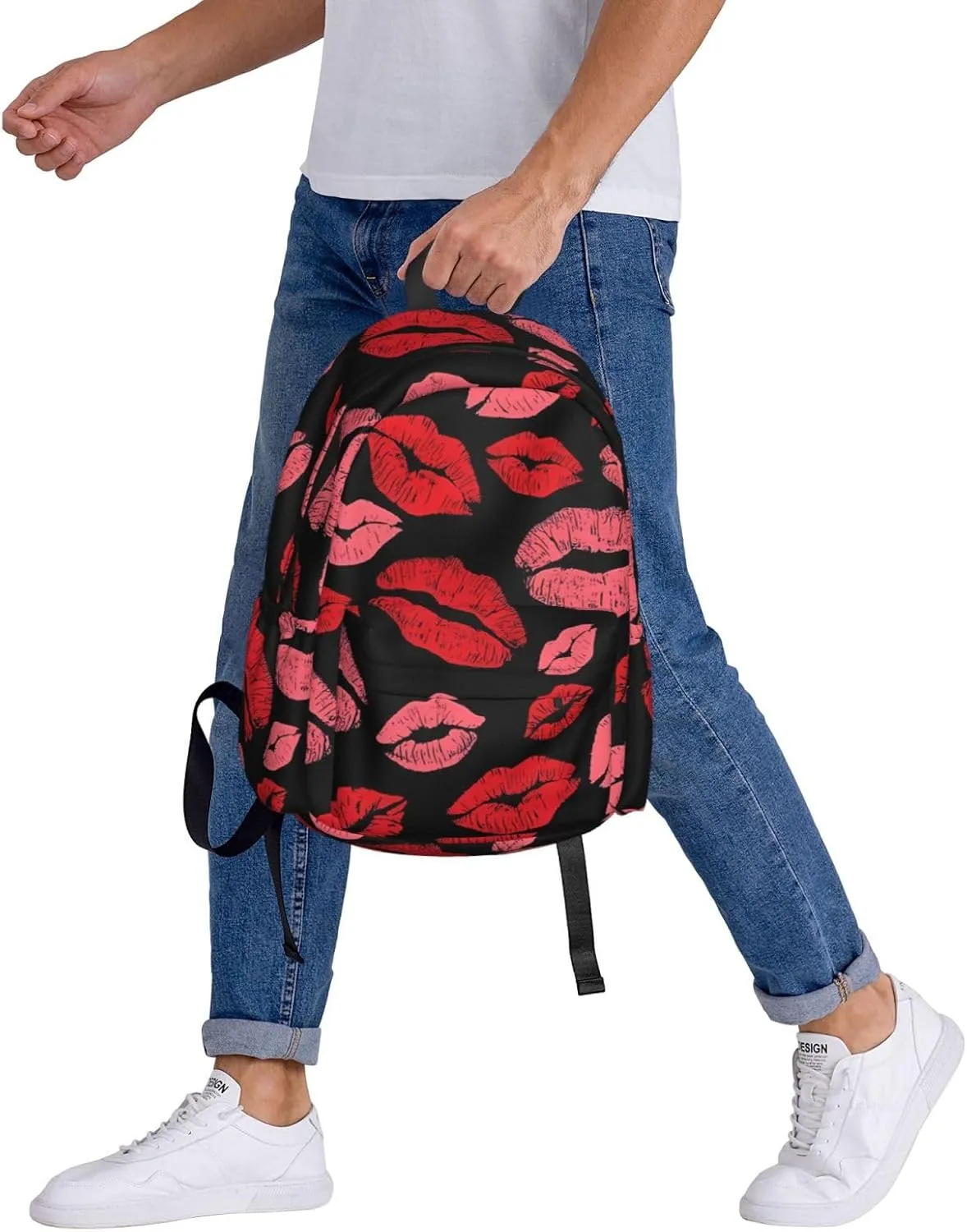 Red Valentines Lips Backpack Casual Laptop Backpack Large Capacity Double Shoulder Bag Travel Daypack For Women Men